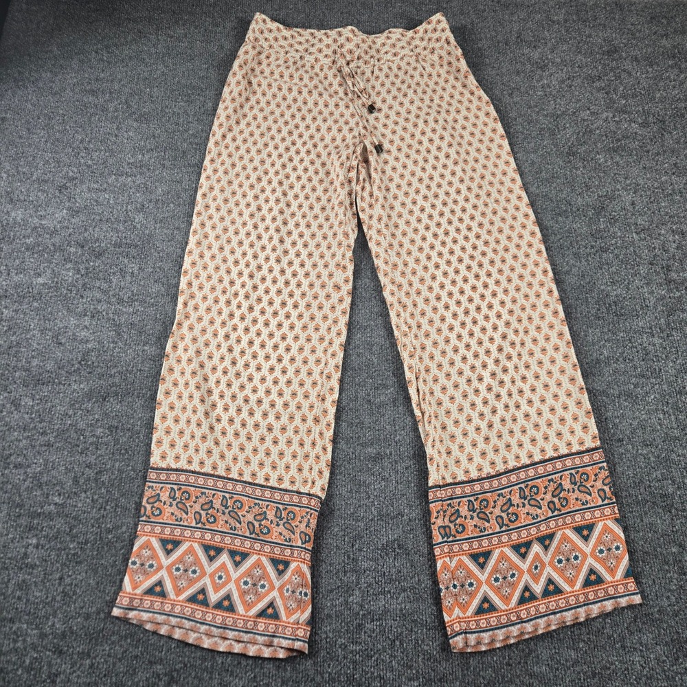 Lucy & Laurel Pants Womens S Orange Boho Floral Print Wide Leg Relaxed